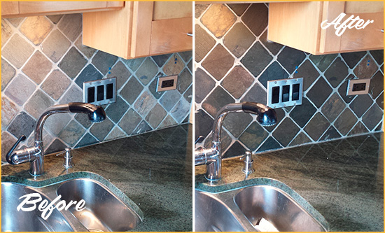 Before and After Picture of a Los Alamos Backsplash Caulked to Fix and Prevent Water Leaks