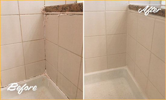 Before and After Picture of a Los Alamos Shower Caulked to Repair Damaged Caulking