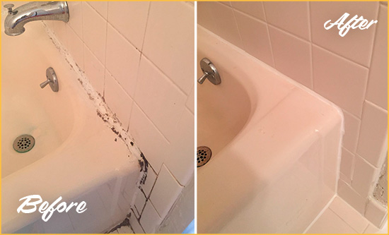 Before and After Picture of a Cayucos Bathroom Sink Caulked to Fix a DIY Proyect Gone Wrong