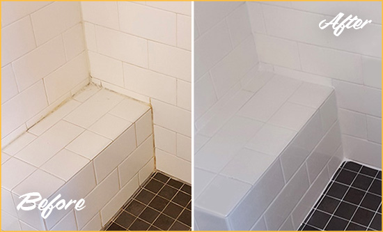 Before and After Picture of a Casmalia Shower Seat Caulked to Protect Against Mold and Mildew Growth