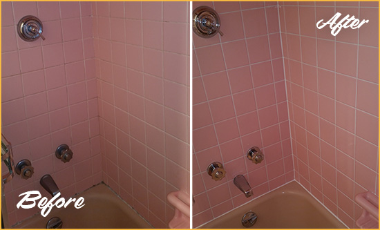 Before and After Picture of a Cayucos Bathtub Caulked to Eliminate Mold