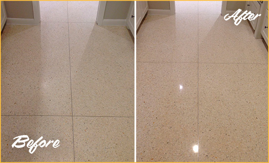 Before and After Picture of a Pismo Beach Granite Stone Floor Polished to Repair Dullness