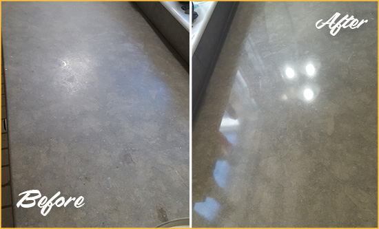 Before and After Picture of a Dull Maricopa Limestone Countertop Polished to Recover Its Color