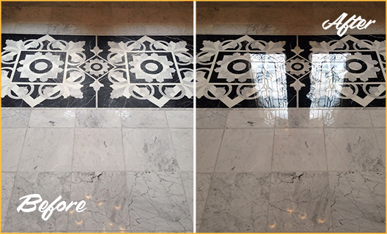 Before and After Picture of a Santa Ynez Marble Stone Floor Polished to a Mirror Shine