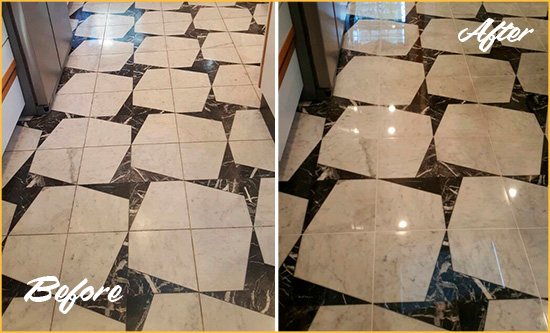 Before and After Picture of a Dull Lompoc Marble Stone Floor Polished To Recover Its Luster