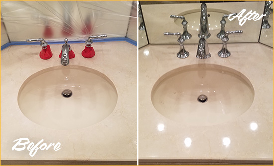 Before and After Picture of a Dull Paso Robles Marble Stone Vanity Top Polished to Bring-Back Its Sheen