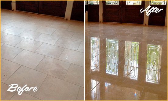 Before and After Picture of a Dull Creston Travertine Stone Floor Polished to Recover Its Gloss