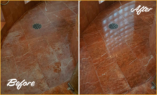 Before and After Picture of a Nipomo Marble Stone Shower Polished to Eliminate Mineral Deposits