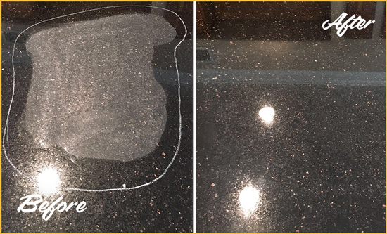 Before and After Picture of a Pismo Beach Granite Stone Countertop Polished to Remove Scratches