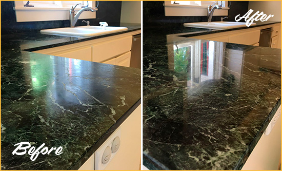 Before and After Picture of a Maricopa Marble Stone Counter Polished to Eliminate Water Marks