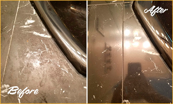 Before and After Picture of a Santa Barbara Marble Countertop Cleaned to Remove Deep Dirt