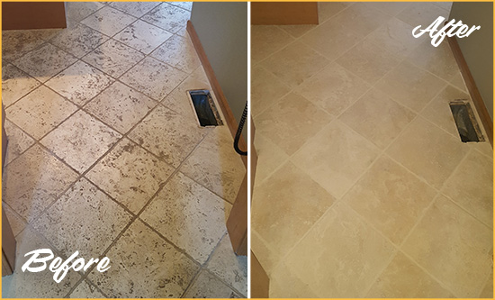 Before and After Picture of a Casmalia Kitchen Marble Floor Cleaned to Remove Embedded Dirt