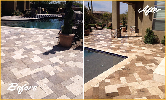 Before and After Picture of a Dull Maricopa Travertine Pool Deck Cleaned to Recover Its Original Colors