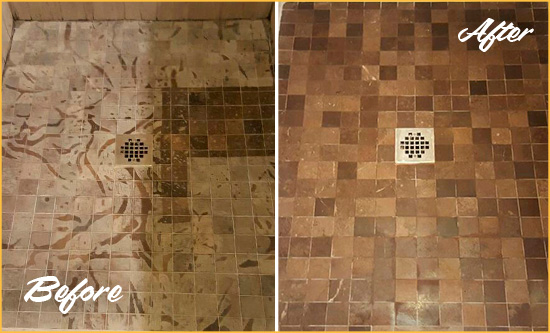 Before and After Picture of a Stained Casmalia Marble Shower Floor Cleaned to Remove Etching