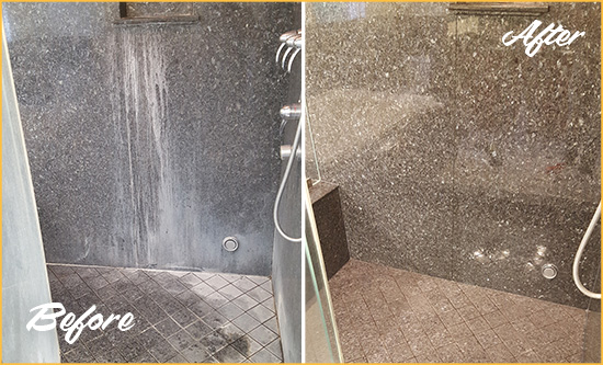 Before and After Picture of a Goleta Granite Shower Cleaned to Remove Mineral Deposits