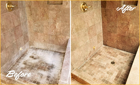 Before and After Picture of a Goleta Travertine Shower Cleaned to Eliminate Water Spots