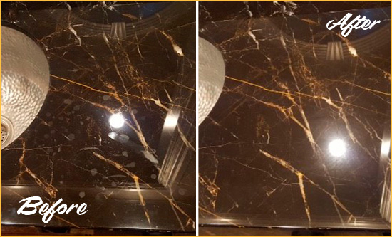 Before and After Picture of a Cayucos Marble Countertop Cleaned to Remove Water Spots