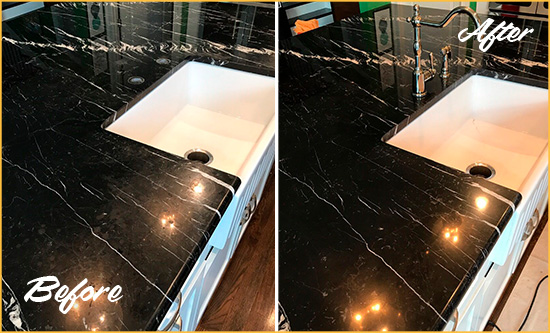 Before and After Picture of a Oceano Marble Kitchen Countertop Stone Sealed to Avoid Water Damage