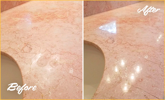 Before and After Picture of a Creston Marble Stone Vanity Top Sealed to Avoid Water Marks