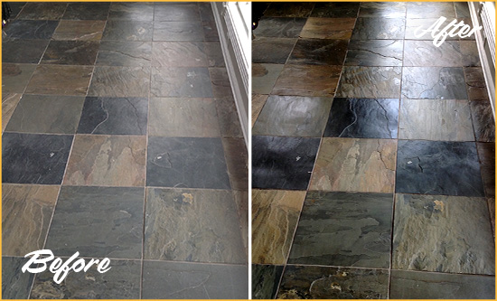 Before and After Picture of a Oceano Slate Stone Floor Sealed to Eliminate Dullness