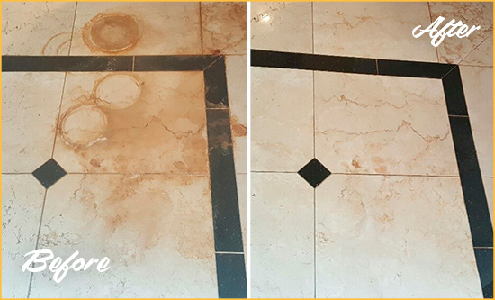 Before and After Picture of a Goleta Marble Floor Honed to Remove Rust Stains