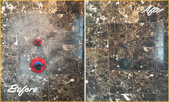 Before and After Picture of a Maricopa Marble Shower Honed to Remove Scratches