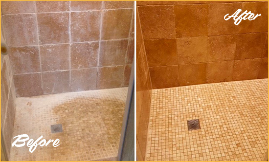 Before and After Picture of a Lompoc Travertine Shower Honed to Remove Mineral Deposits