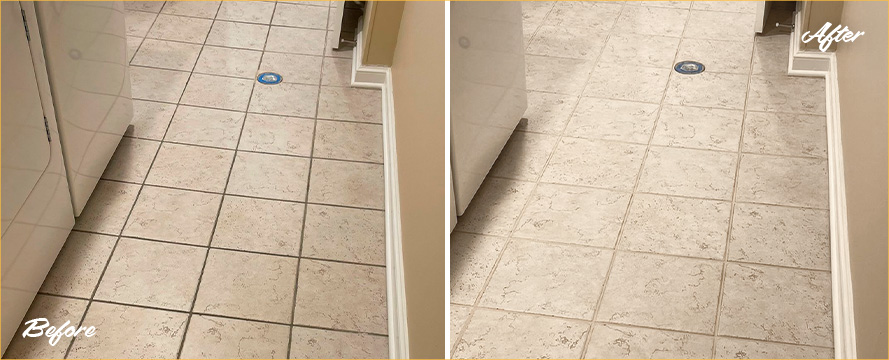 Laundry Room Floor Before and After a Grout Cleaning in Atascadero