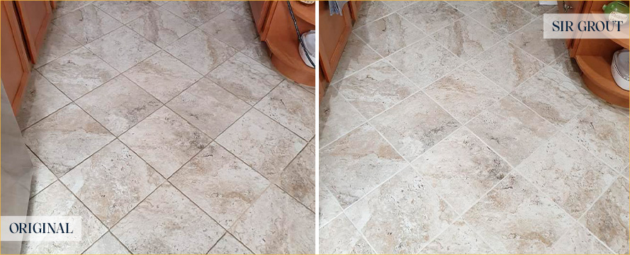 Kitchen Floor Before and After a Grout Recoloring in Maricopa, CA