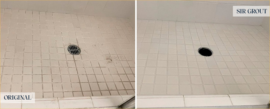 Shower Floor Before and After a Tile Cleaning in Santa Maria