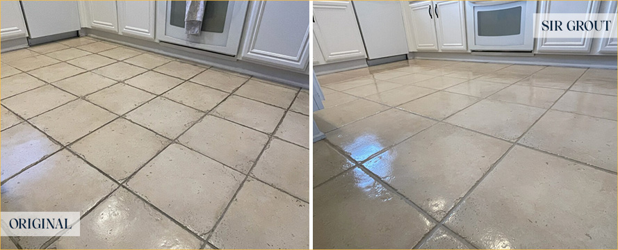 Kitchen Floor Before and After a Grout Recoloring in Santa Barbara, CA