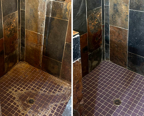 Shower Stall Before and After a Service from Our Tile and Grout Cleaners in Paso Robles