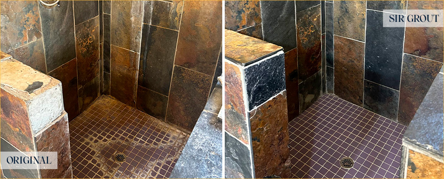 Shower Stall Before and After a Service from Our Tile and Grout Cleaners in Paso Robles